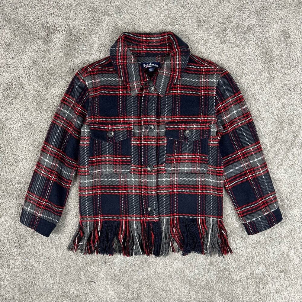 Freshman Kids' Plaid Fringe Hem Jacket Shacket Navy Blue Red Grey Plaid Size S